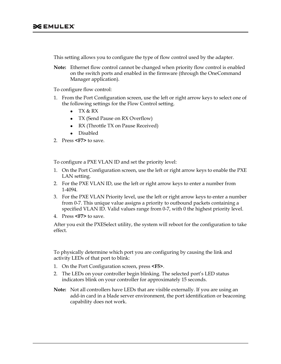 Configuring flow control, Configuring the pxe vlan id and priority, Physically identifying the port | Dell Emulex Family of Adapters User Manual | Page 1800 / 1815