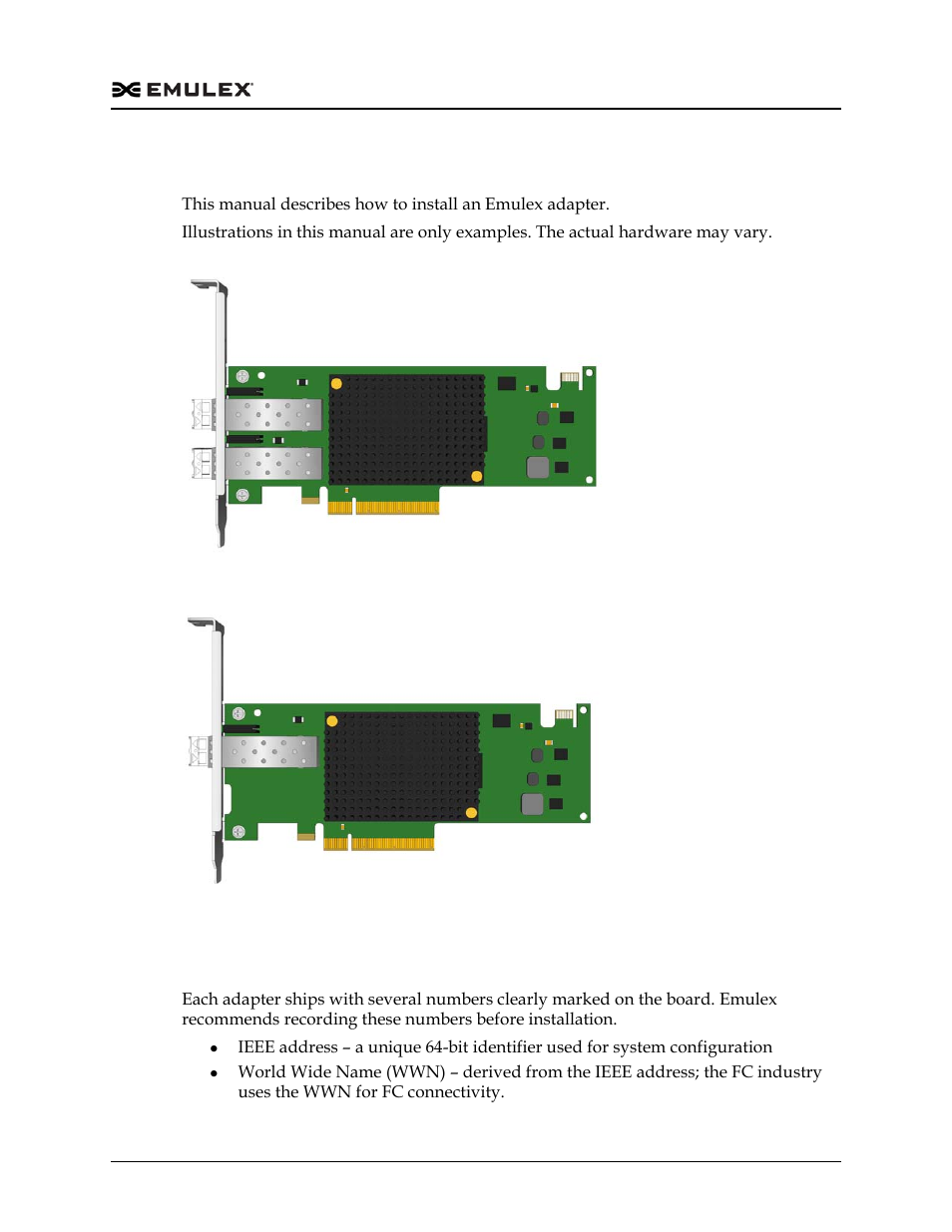 Introduction, Adapter identification, Introduction 7 | Adapter identification 7, Figure 1-1, Figure 1-2 | Dell Emulex Family of Adapters User Manual | Page 1807 / 1815