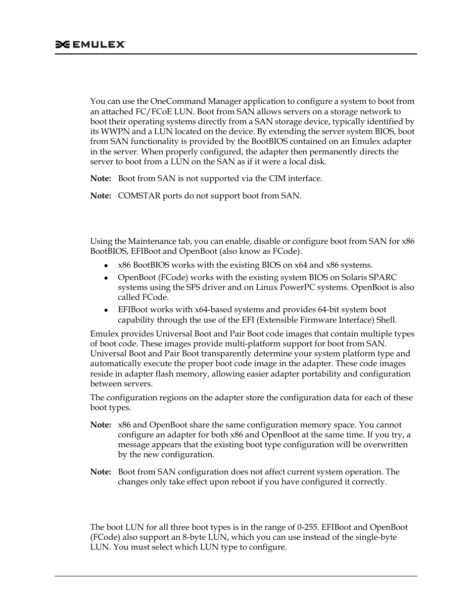 Configuring boot from an fc san, Boot types, Boot device parameters | Boot types boot device parameters | Dell Emulex Family of Adapters User Manual | Page 254 / 1815