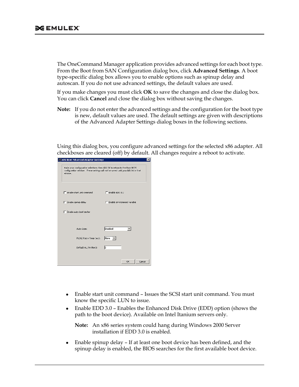 Configuring advanced settings (boot from san), X86 boot advanced adapter settings dialog box, X86 boot advanced adapter settings definitions | Figure 11-3 | Dell Emulex Family of Adapters User Manual | Page 259 / 1815