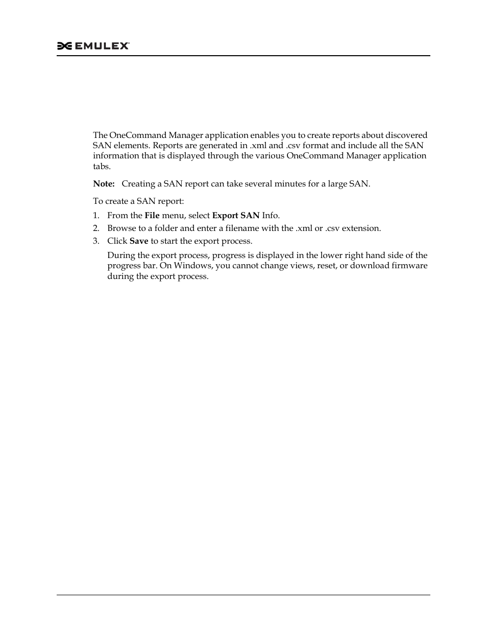 Exporting san information, Creating a san report | Dell Emulex Family of Adapters User Manual | Page 263 / 1815