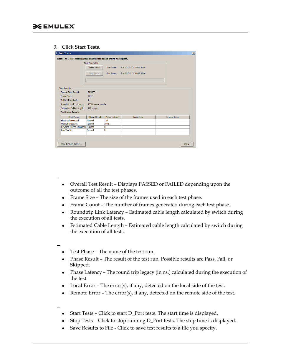 D_port window descriptions, Figure 13-5, D port window field definitions | D_port window test phase results list, D_port window buttons | Dell Emulex Family of Adapters User Manual | Page 269 / 1815