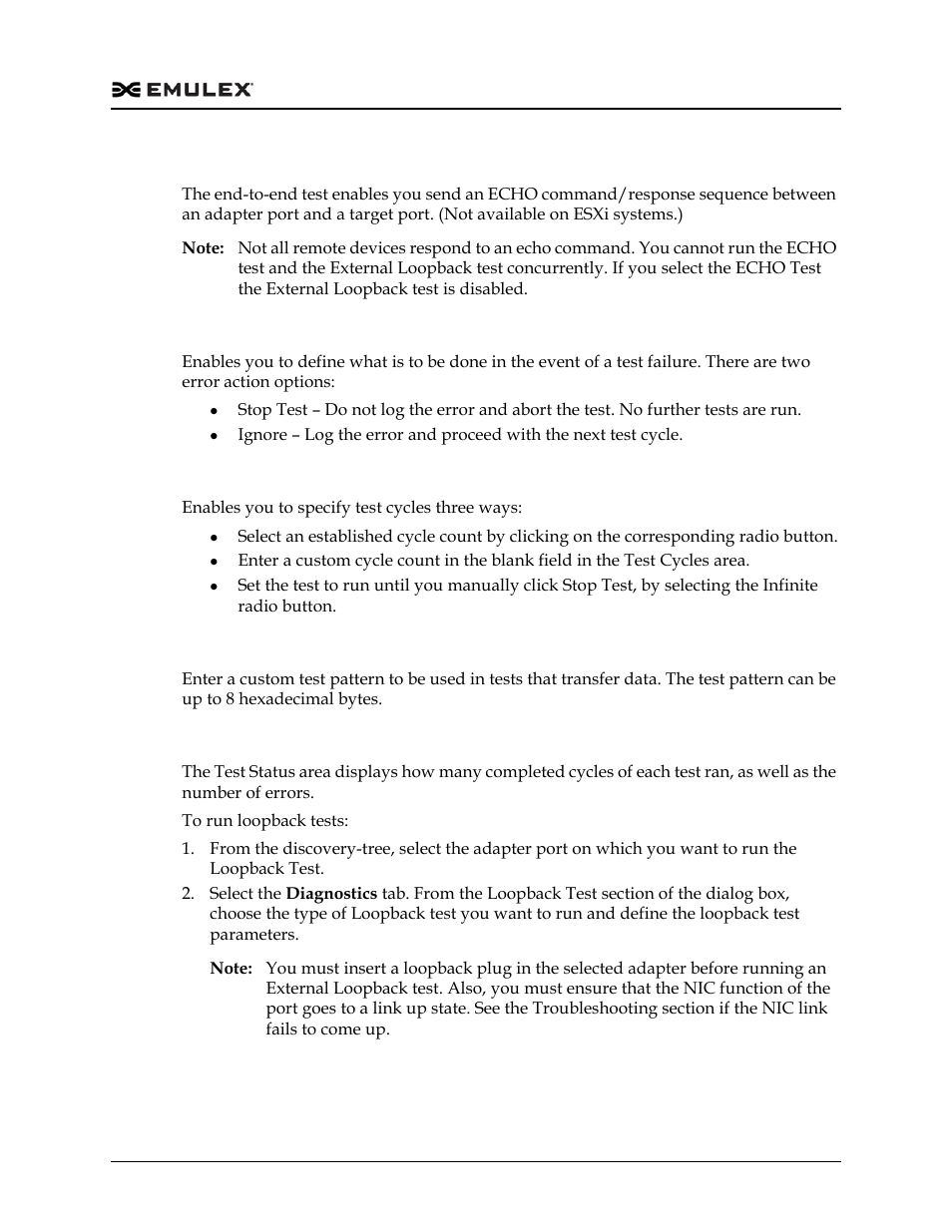 Fcoe end to end echo test, Error action, Test cycles | Test pattern, Test status | Dell Emulex Family of Adapters User Manual | Page 278 / 1815