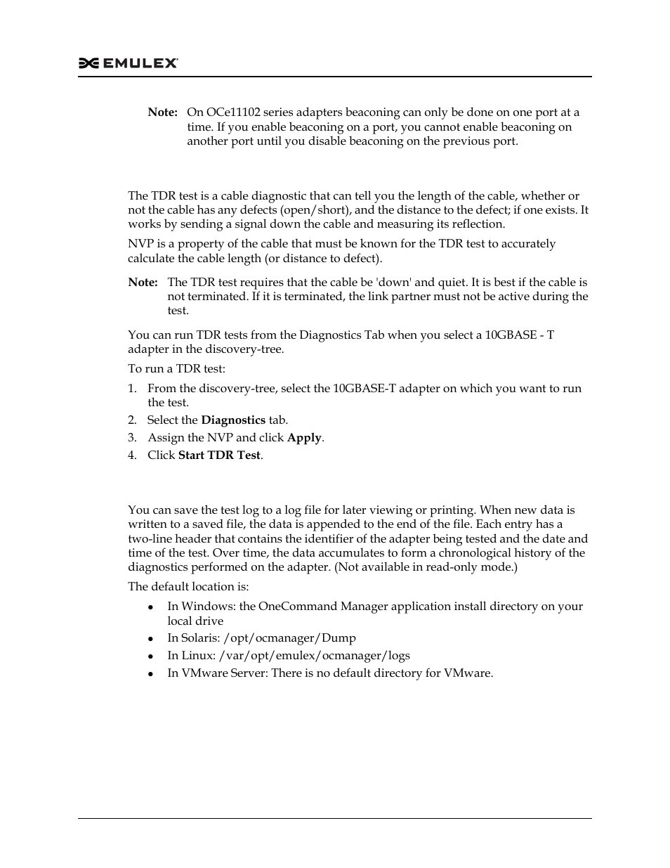 Running tdr tests (10gbase-t adapters only), Saving the log file | Dell Emulex Family of Adapters User Manual | Page 280 / 1815