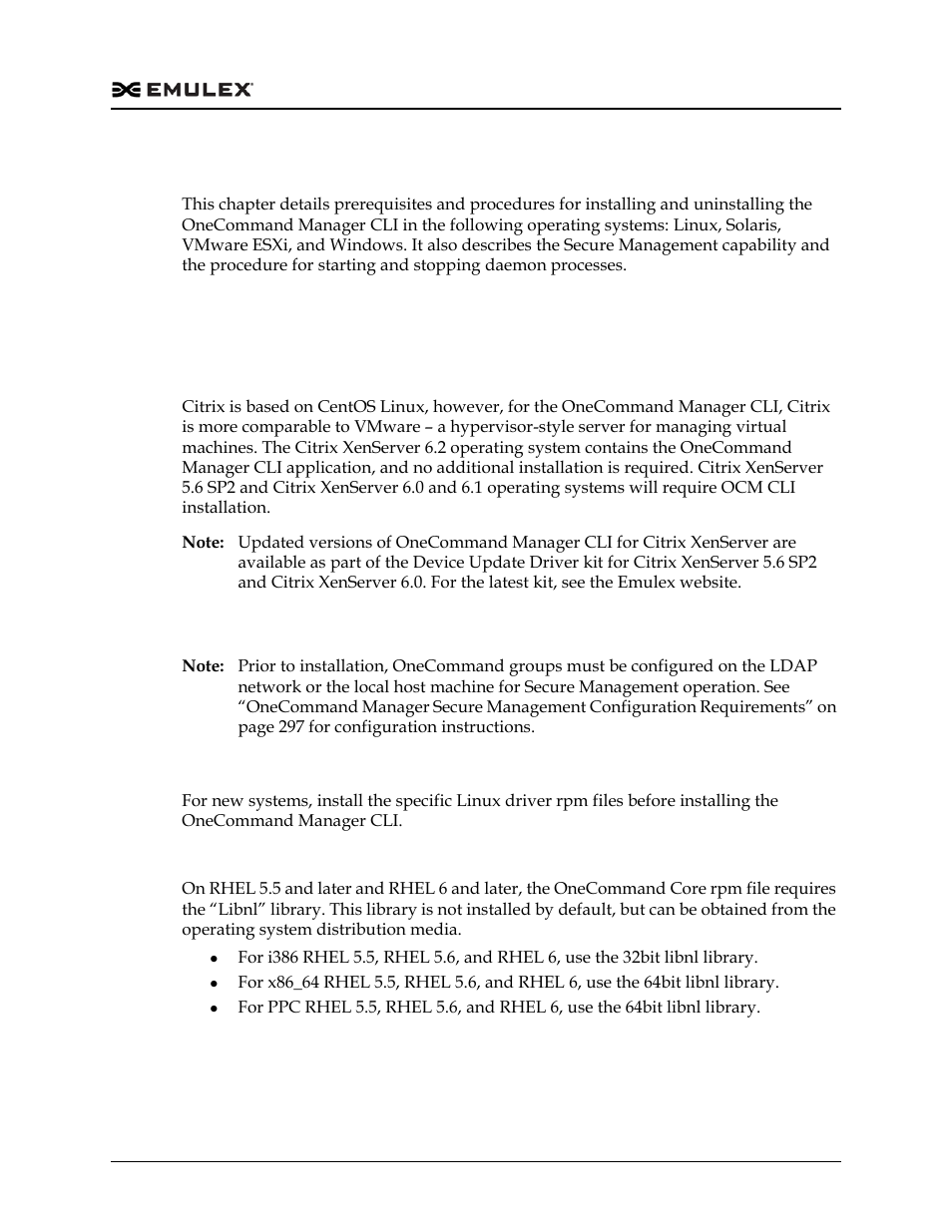 Installing and uninstalling the cli, Linux, Citrix | Linux onecommand manager requirements | Dell Emulex Family of Adapters User Manual | Page 300 / 1815