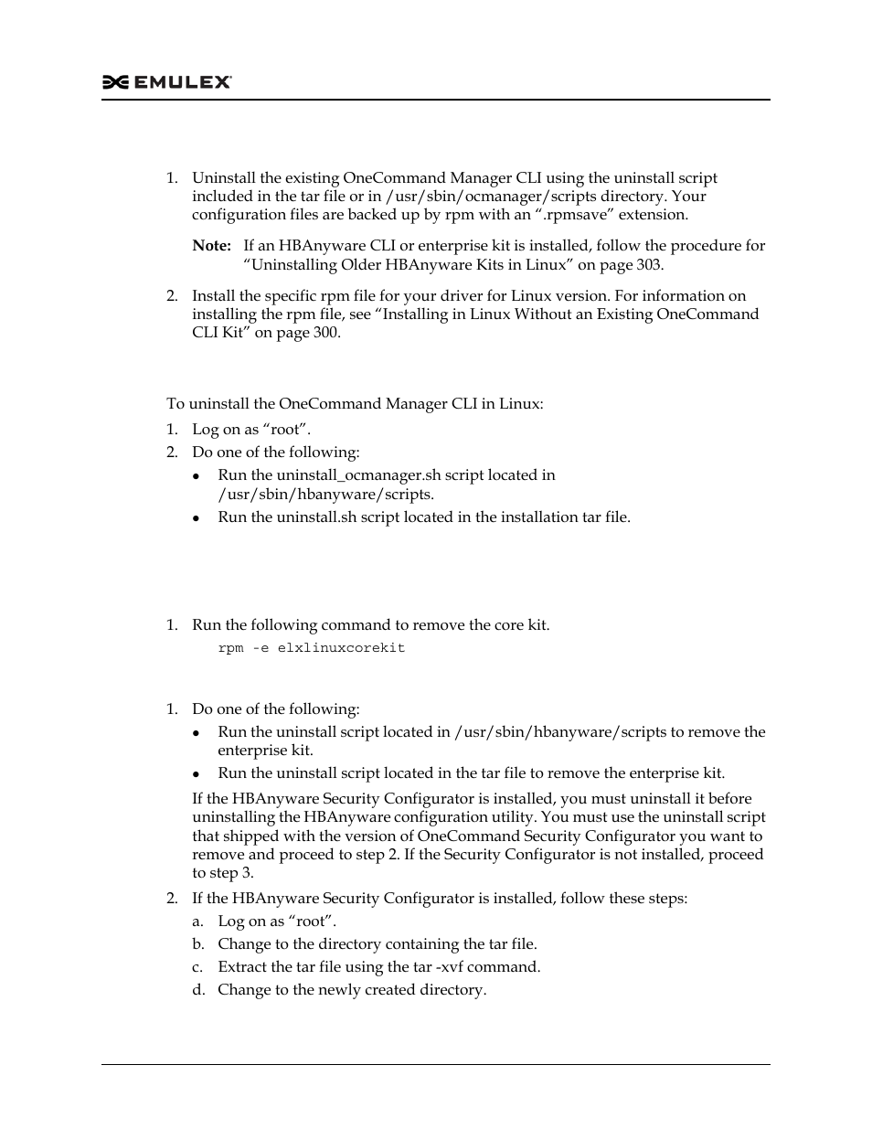 Uninstalling in linux, Uninstalling older hbanyware kits in linux | Dell Emulex Family of Adapters User Manual | Page 303 / 1815