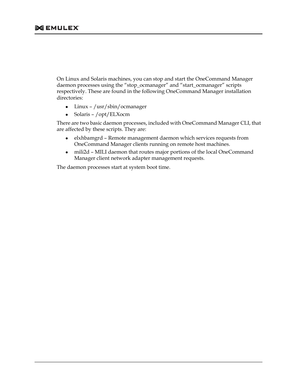 Starting and stopping daemon processes, Linux and solaris | Dell Emulex Family of Adapters User Manual | Page 309 / 1815