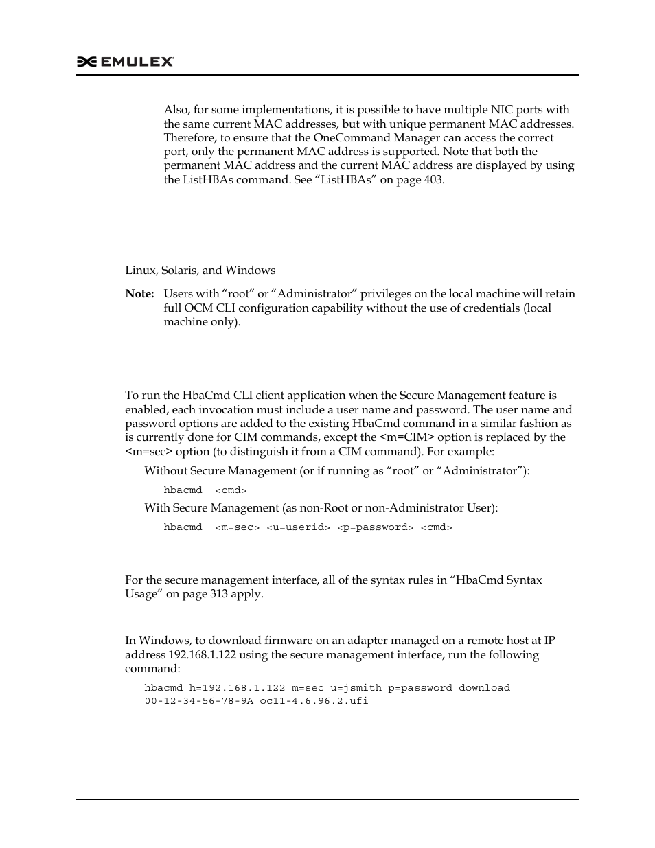 Secure management cli interface, Syntax rules for the secure management interface | Dell Emulex Family of Adapters User Manual | Page 314 / 1815