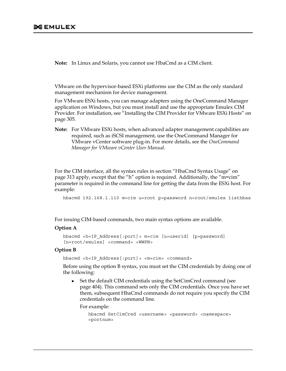 Cim interface, Device management using the cim interface, Syntax rules for the cim interface | Syntax options and setting cim credentials | Dell Emulex Family of Adapters User Manual | Page 315 / 1815
