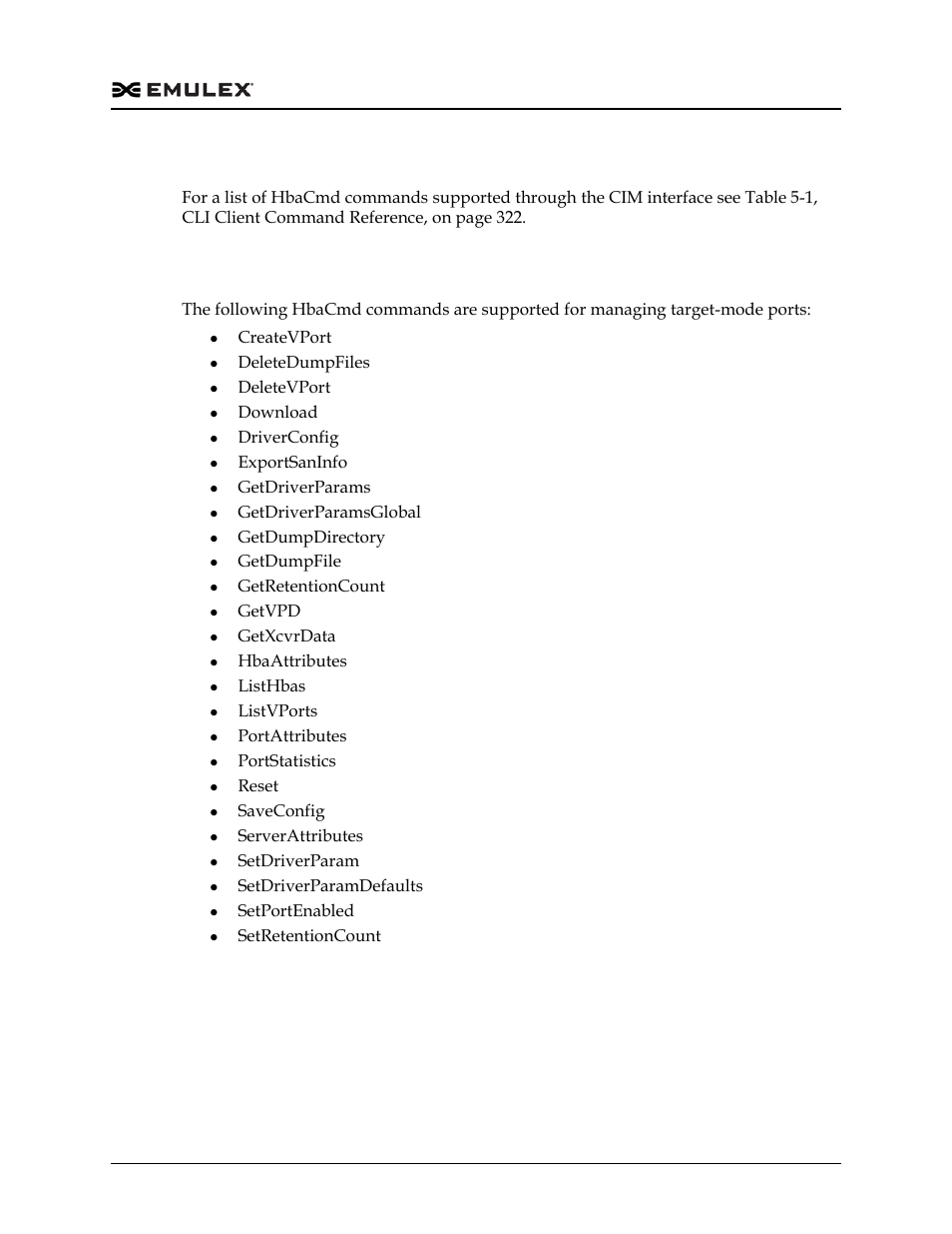 Cli client commands supported in cim interface, Commands supported in target-mode ports | Dell Emulex Family of Adapters User Manual | Page 318 / 1815