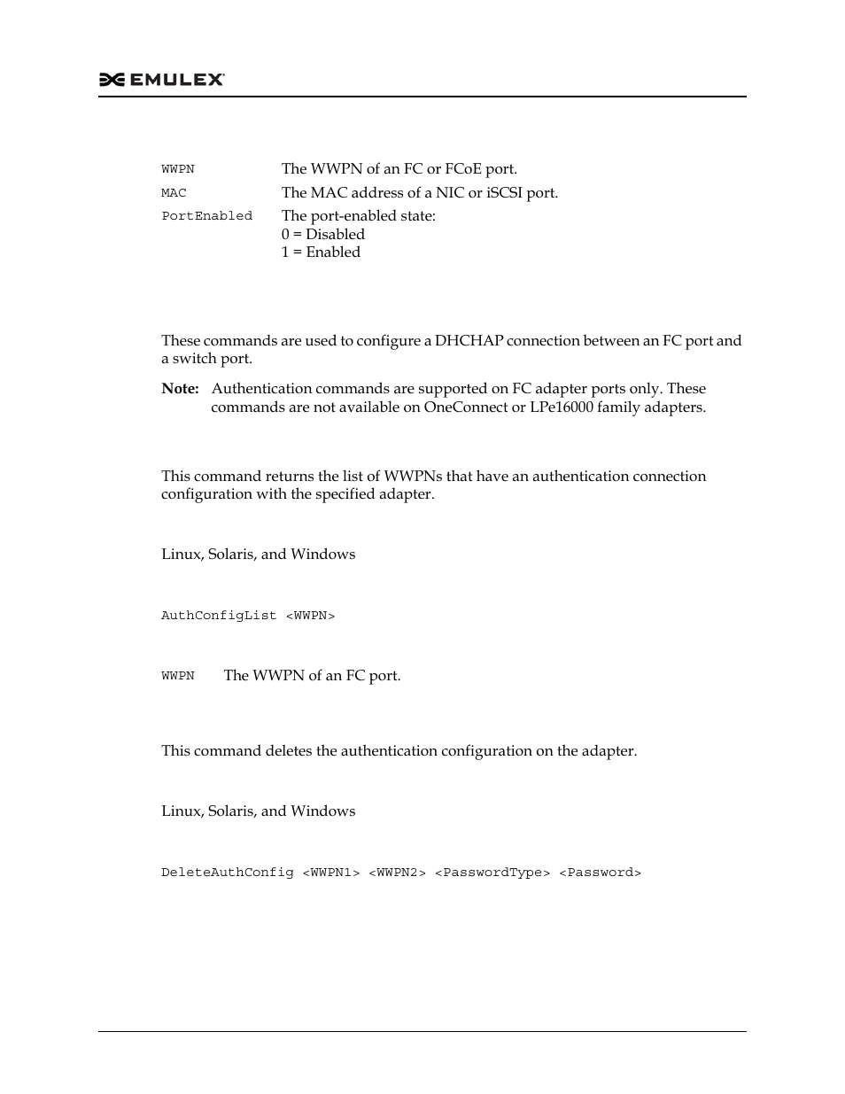 Authentication commands, Authconfiglist, Deleteauthconfig | Dell Emulex Family of Adapters User Manual | Page 336 / 1815