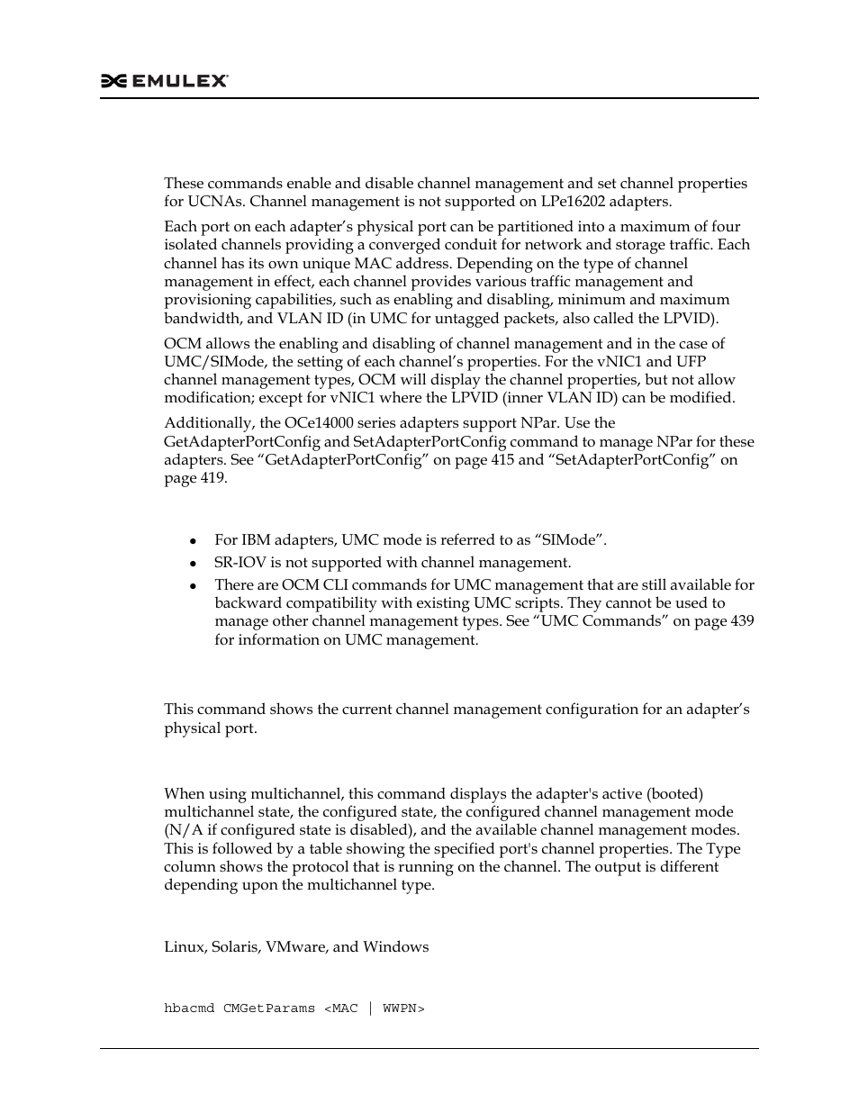 Channel management commands, Cmgetparams, Multichannel | Dell Emulex Family of Adapters User Manual | Page 342 / 1815