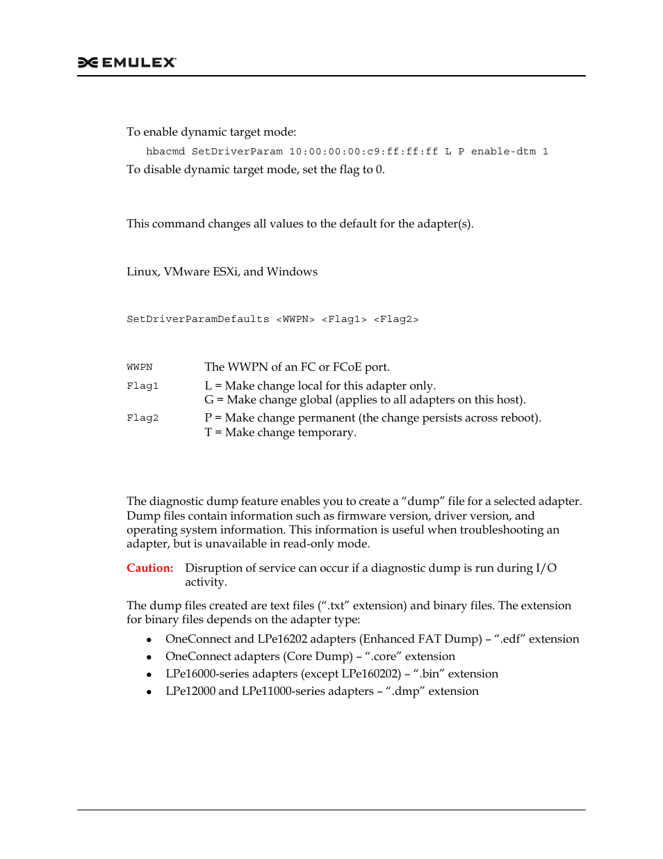 Setdriverparamdefaults, Dump commands | Dell Emulex Family of Adapters User Manual | Page 365 / 1815