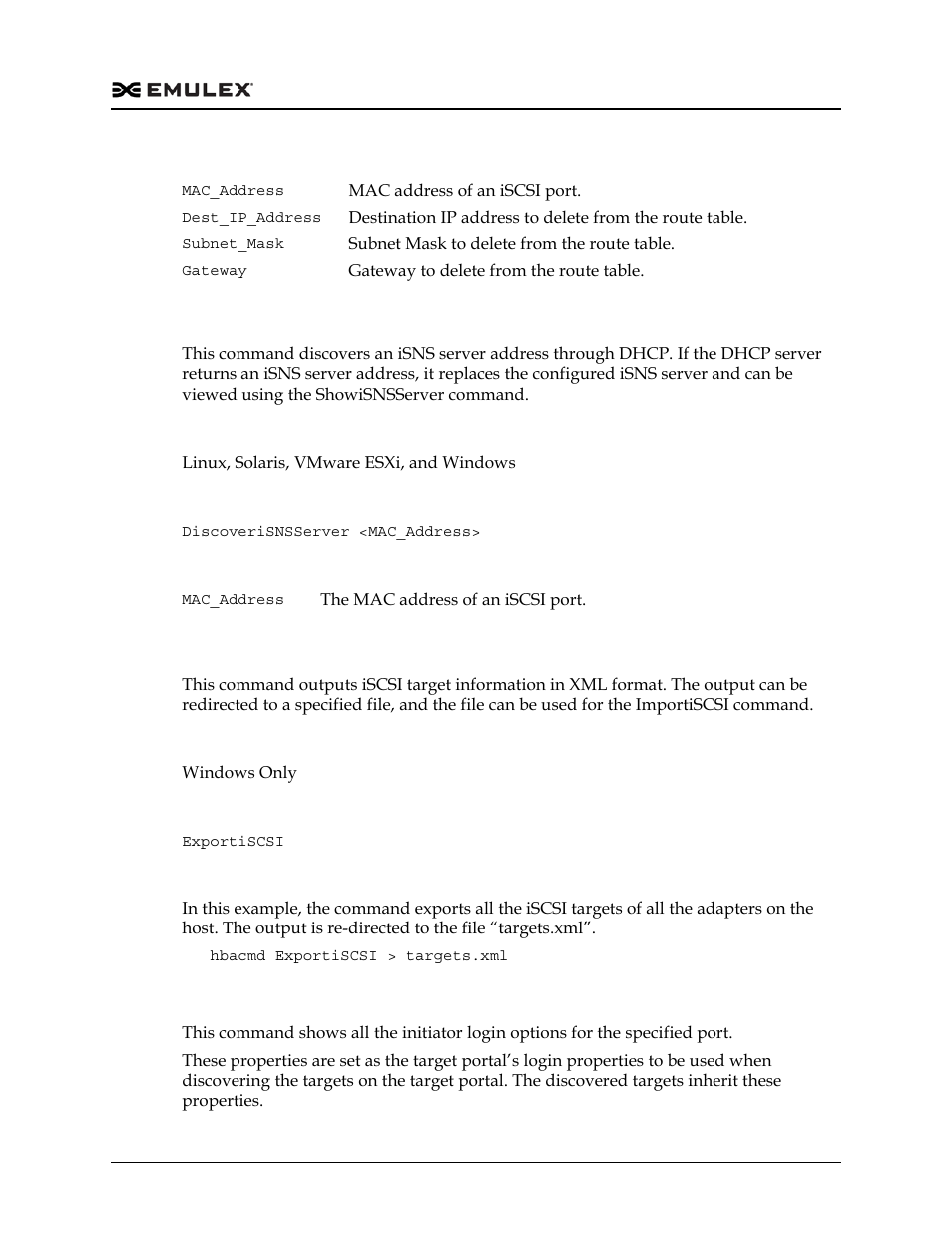 Discoverisnsserver, Exportiscsi, Getinitiatorproperties | Dell Emulex Family of Adapters User Manual | Page 378 / 1815