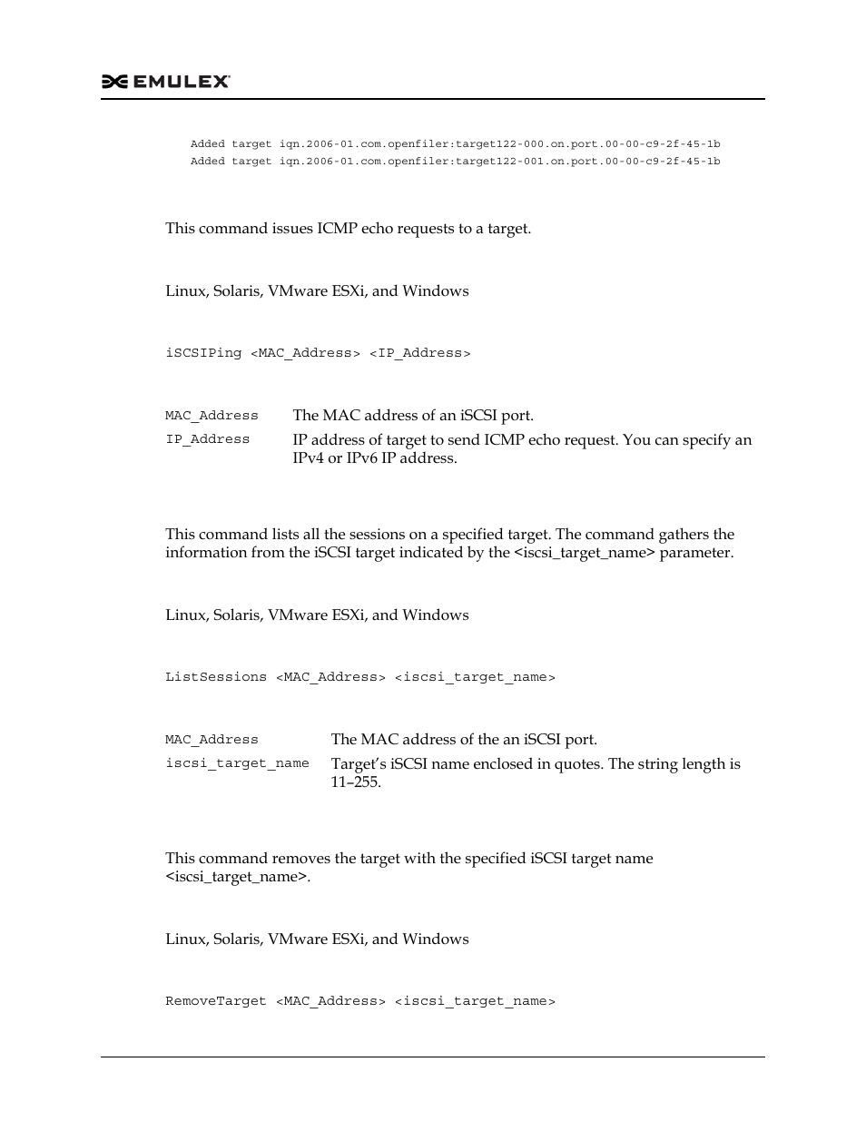 Iscsiping, Listsessions, Removetarget | Dell Emulex Family of Adapters User Manual | Page 382 / 1815