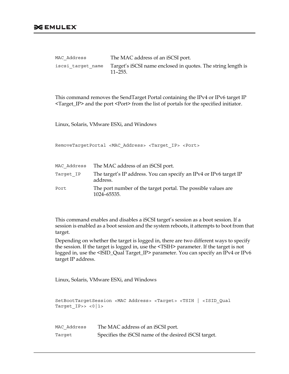 Removetargetportal, Setboottargetsession | Dell Emulex Family of Adapters User Manual | Page 383 / 1815