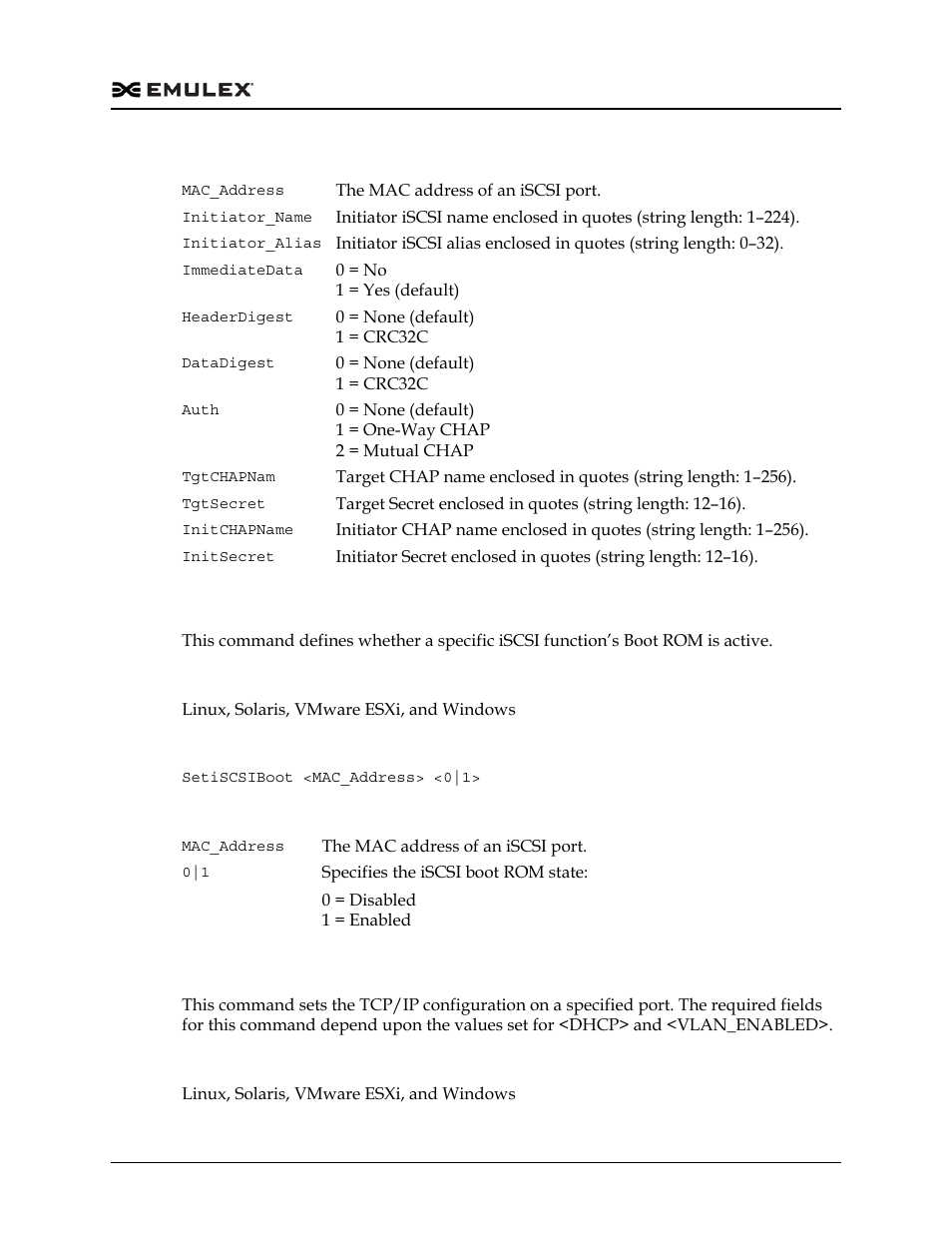 Setiscsiboot, Setnetworkconfiguration | Dell Emulex Family of Adapters User Manual | Page 385 / 1815