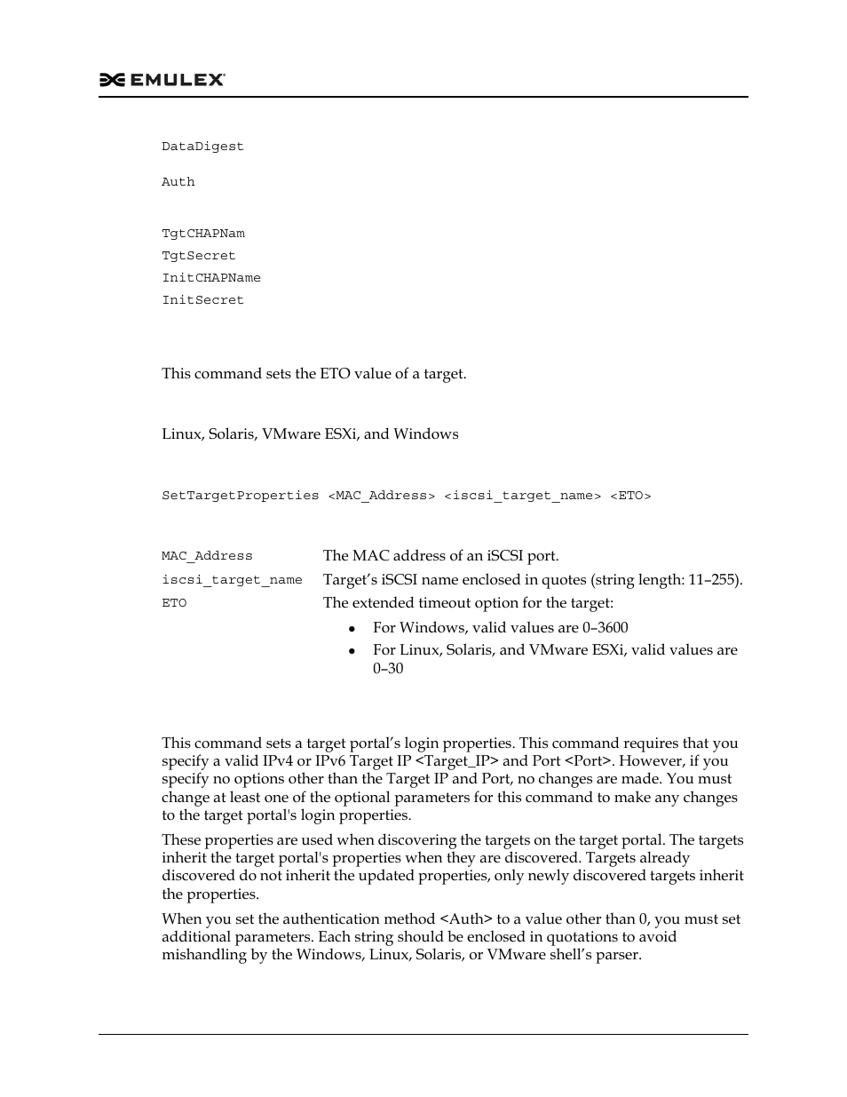 Settargetproperties, Settploginproperties | Dell Emulex Family of Adapters User Manual | Page 388 / 1815