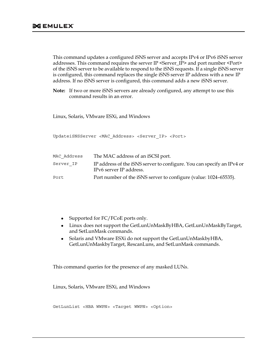 Updateisnsserver, Lun masking commands, Getlunlist | Dell Emulex Family of Adapters User Manual | Page 394 / 1815