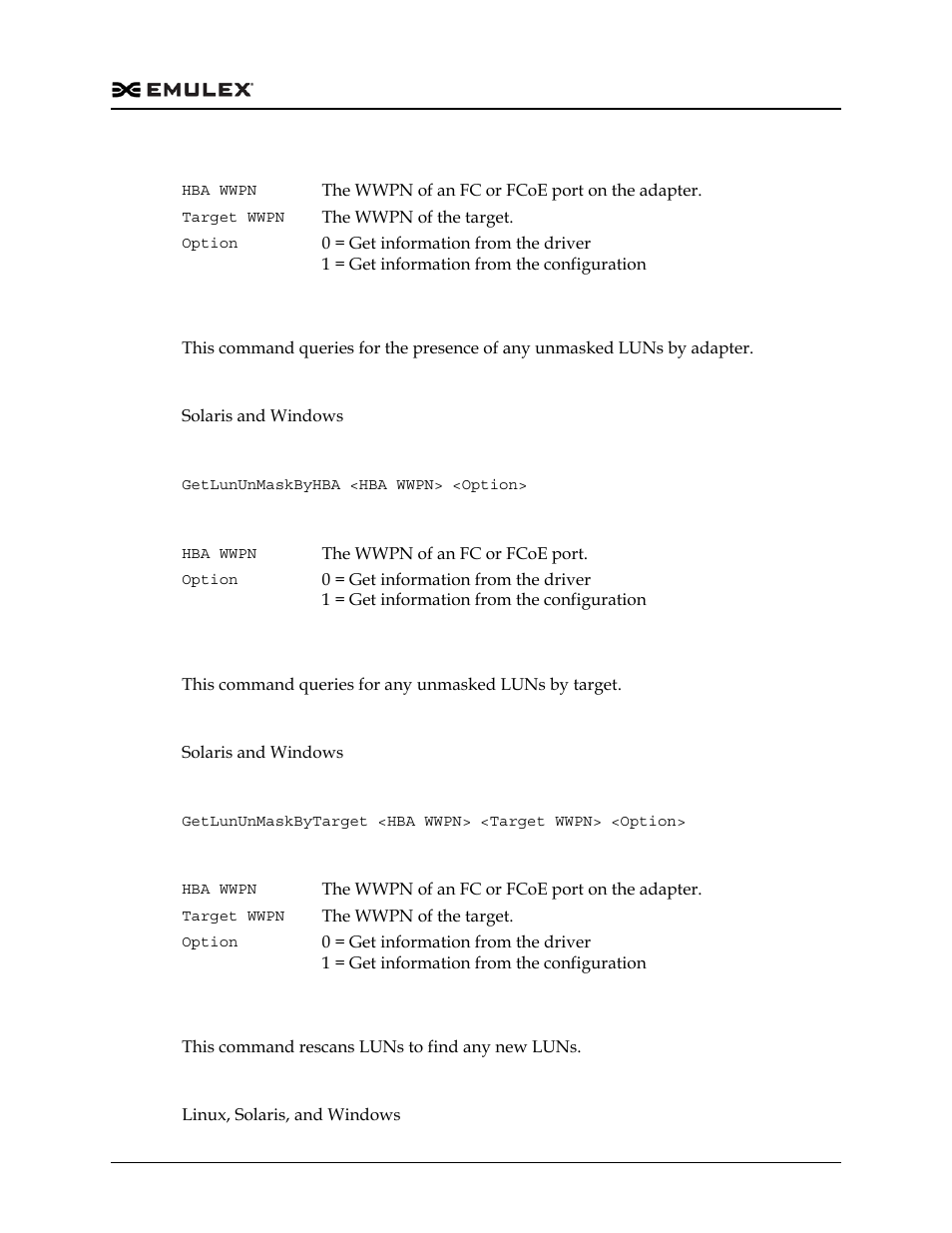 Getlununmaskbyhba, Getlununmaskbytarget, Rescanluns | Dell Emulex Family of Adapters User Manual | Page 395 / 1815