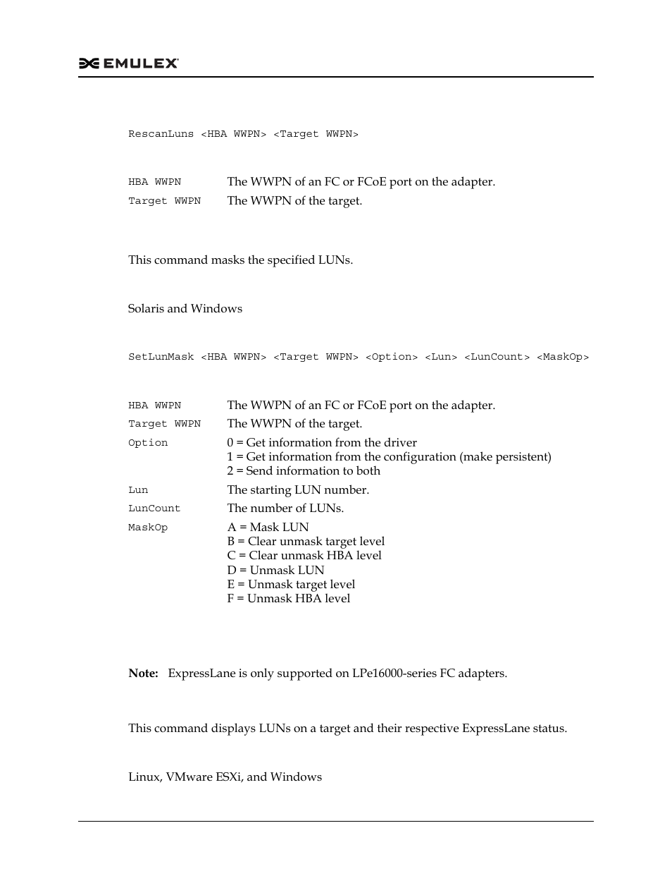 Setlunmask, Lun expresslane commands, Getexpresslanelunlist | Dell Emulex Family of Adapters User Manual | Page 396 / 1815