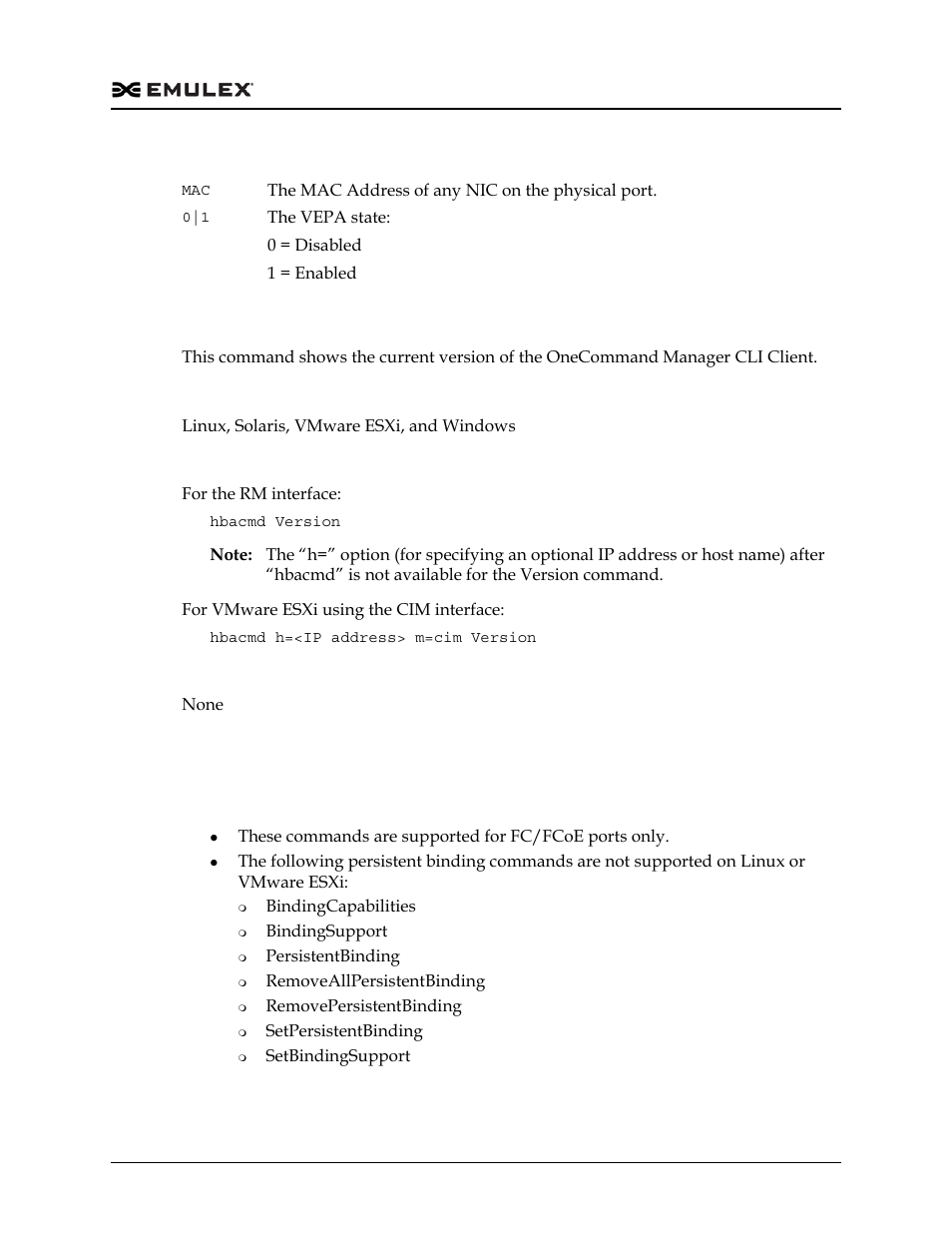 Version, Persistent binding commands | Dell Emulex Family of Adapters User Manual | Page 407 / 1815