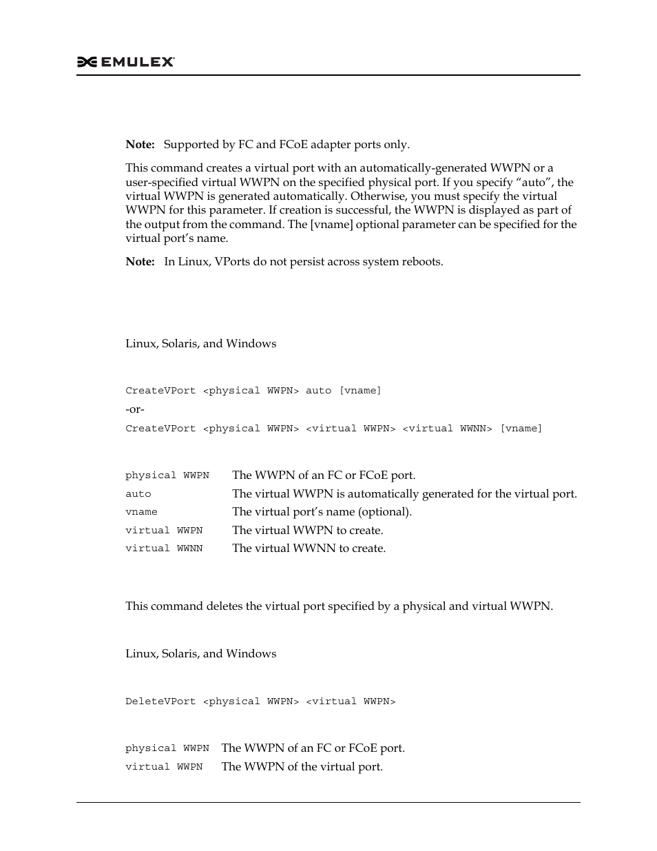 Vport commands, Createvport, Deletevport | Dell Emulex Family of Adapters User Manual | Page 444 / 1815
