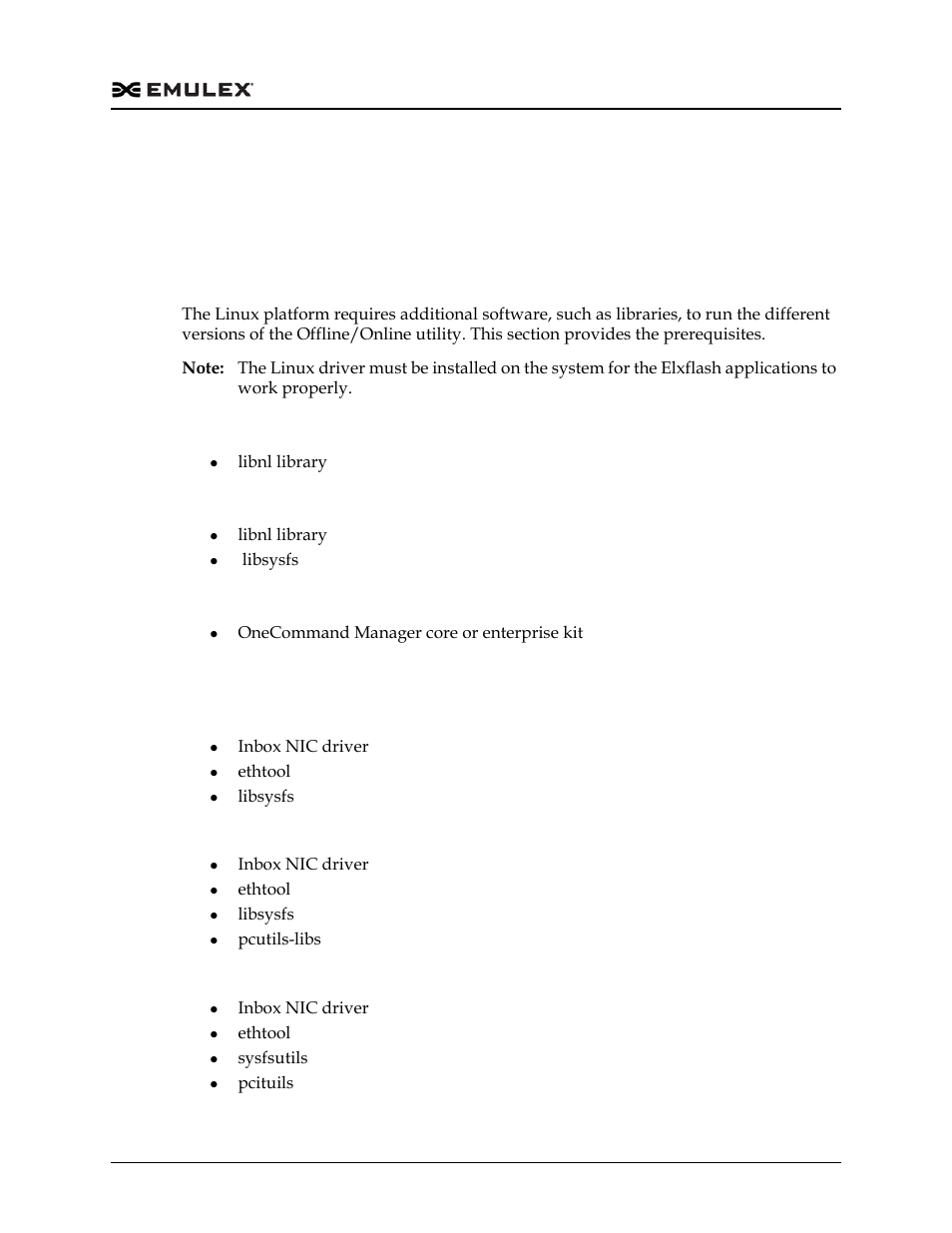 Installation, Platform prerequisites, Linux | Offline adapter management utility, Offline adapter standalone management utility, Online adapter management utility, Offline adapter management utility - nic only | Dell Emulex Family of Adapters User Manual | Page 459 / 1815