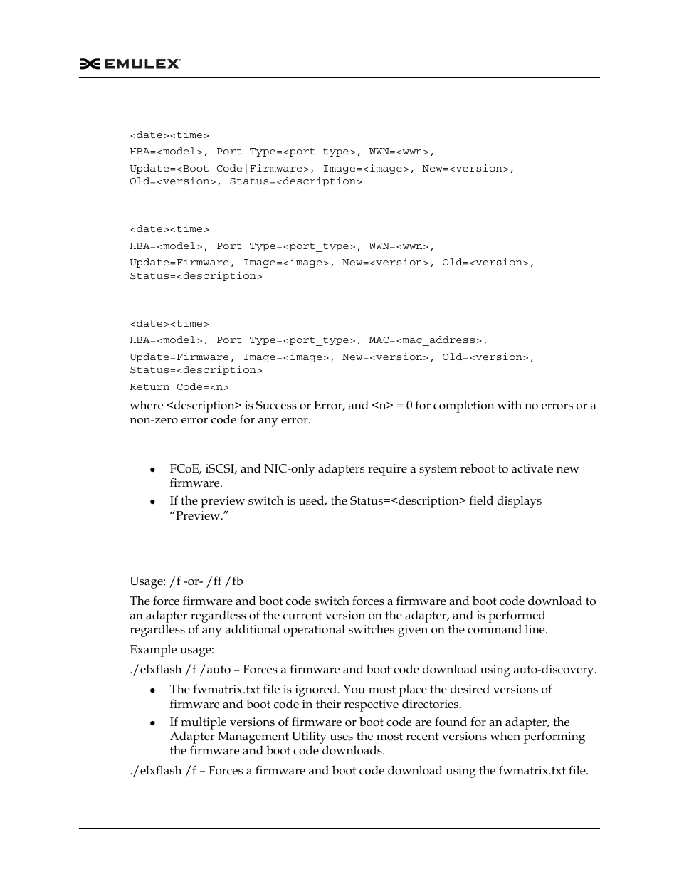 Force firmware and boot code (/f or /ff /fb) | Dell Emulex Family of Adapters User Manual | Page 469 / 1815