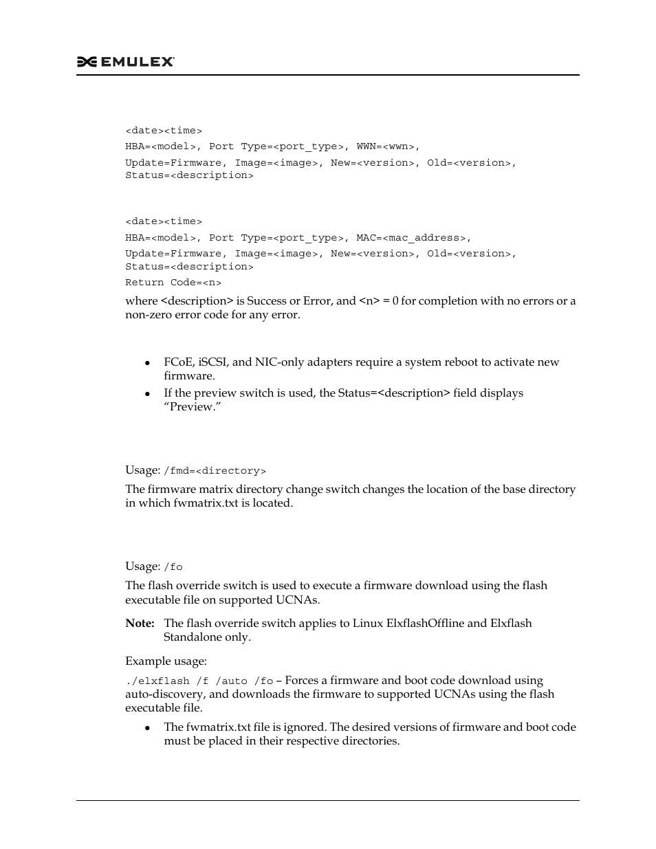Firmware matrix directory change (/fmd), Firmware flash override (/fo) | Dell Emulex Family of Adapters User Manual | Page 472 / 1815