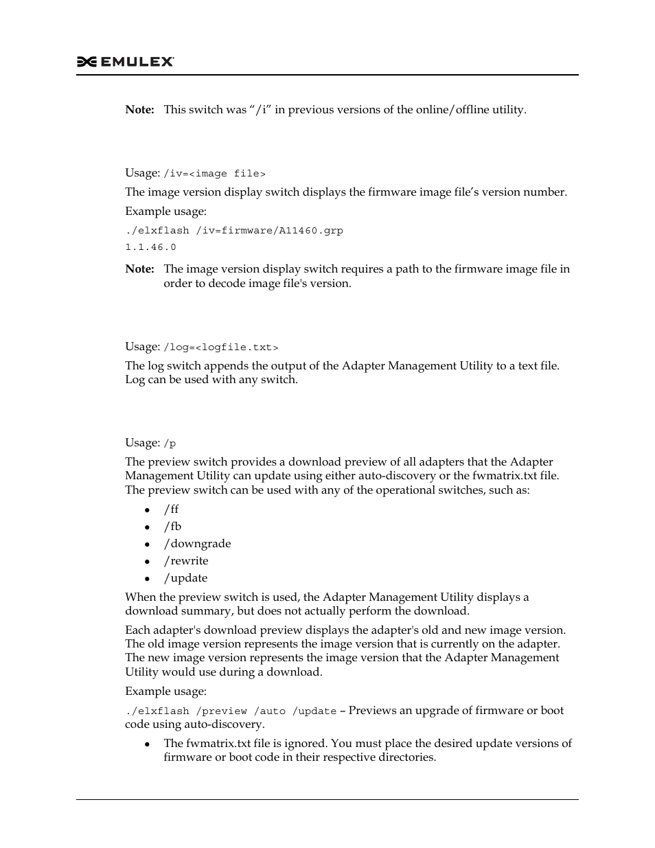 Image version display (/iv), Log (/log), Preview (/p) | Dell Emulex Family of Adapters User Manual | Page 474 / 1815