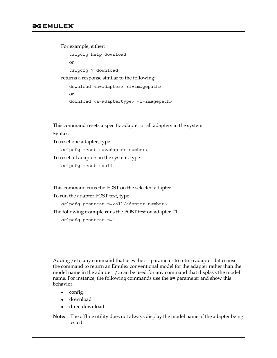 Resetting an adapter (reset), Running the power-on self-test (posttest), Viewing adapter information | Dell Emulex Family of Adapters User Manual | Page 491 / 1815