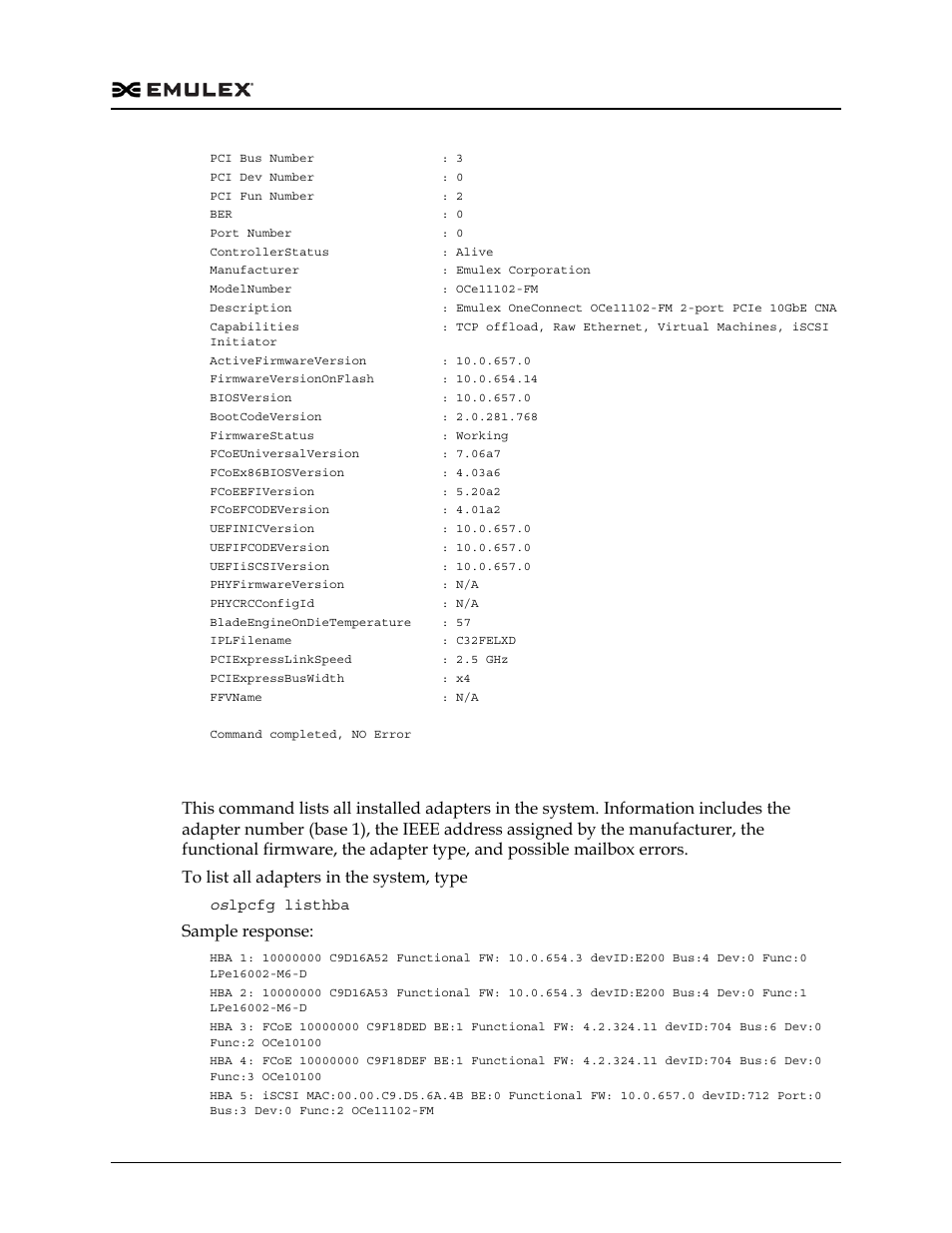 Viewing all adapters in the system (listhba), Sample response | Dell Emulex Family of Adapters User Manual | Page 494 / 1815