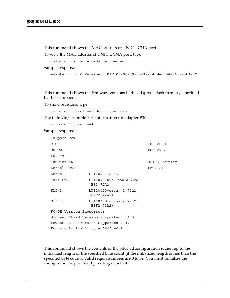 Viewing the mac address (listmac), Viewing firmware program revisions (listrev) | Dell Emulex Family of Adapters User Manual | Page 496 / 1815