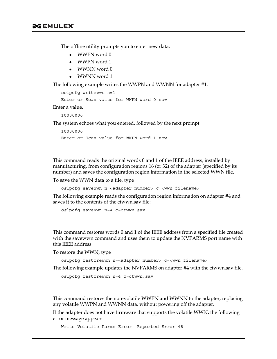 Saving wwn data to a file (savewwn), Restoring wwn and updating nvparms (restorewwn), Restoring nvparms (restorenvwwn) | Dell Emulex Family of Adapters User Manual | Page 499 / 1815