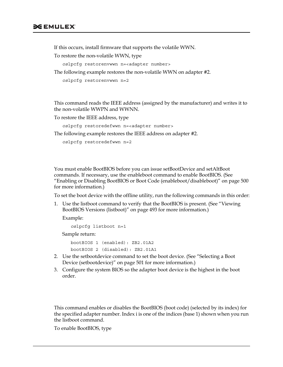 Restoring the ieee address (restoredefwwn), Boot code commands | Dell Emulex Family of Adapters User Manual | Page 500 / 1815