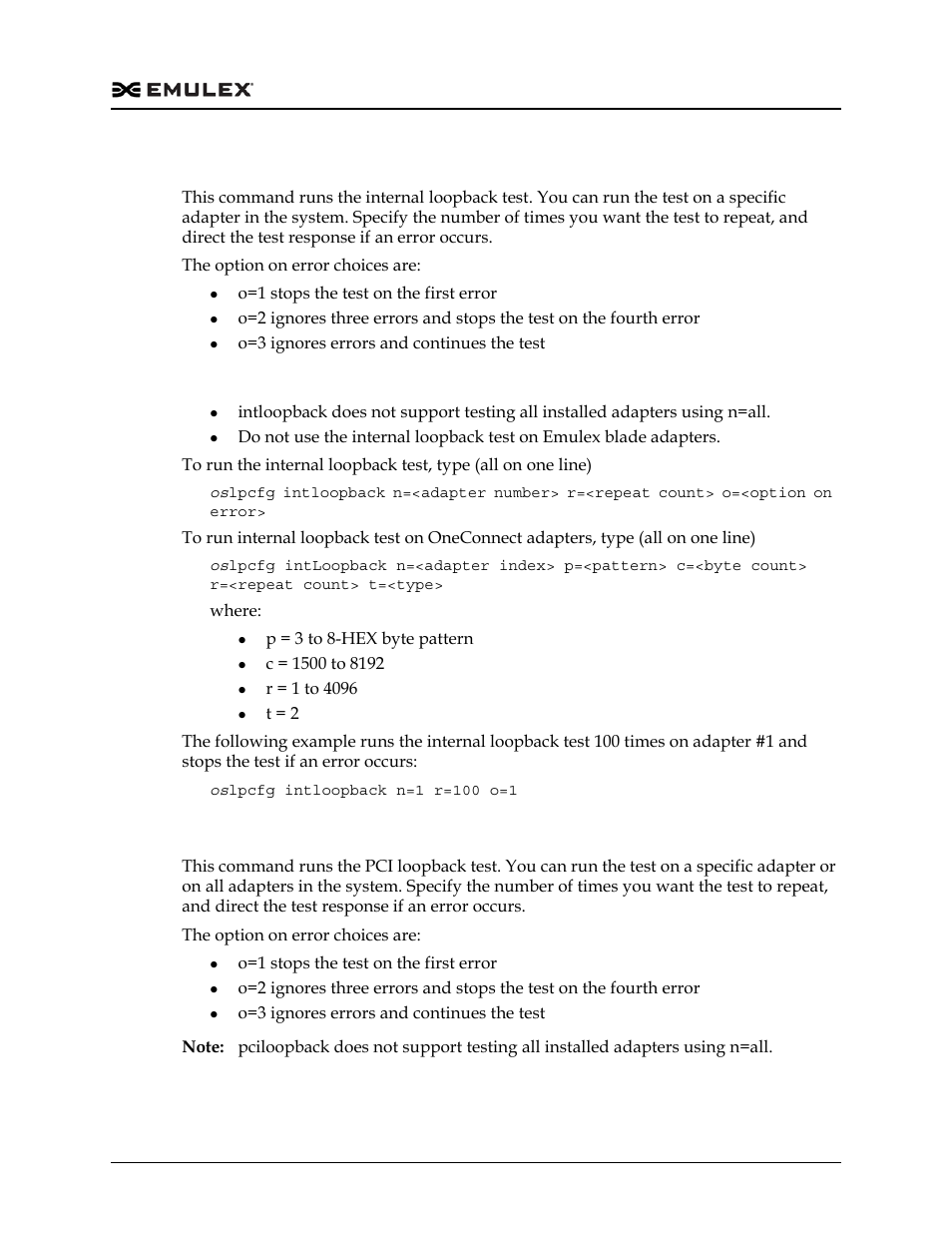 Running the internal loopback test (intloopback), Running the pci loopback test (pciloopback) | Dell Emulex Family of Adapters User Manual | Page 506 / 1815