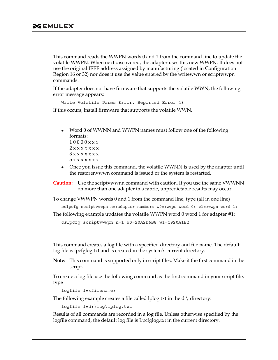 Updating volatile wwpn (scriptvwwpn), Creating a log (logfile) | Dell Emulex Family of Adapters User Manual | Page 511 / 1815