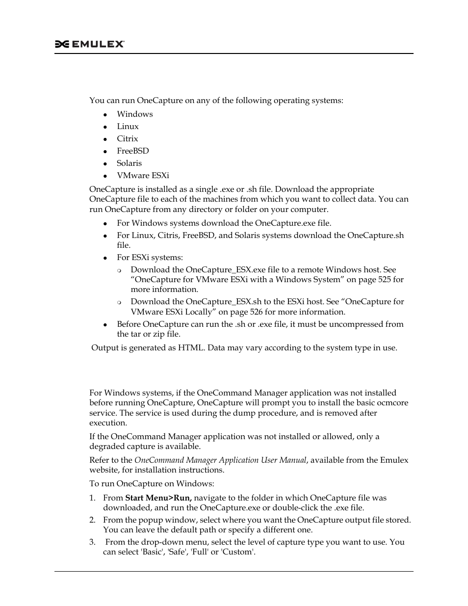 Running onecapture, Running onecapture on windows | Dell Emulex Family of Adapters User Manual | Page 523 / 1815