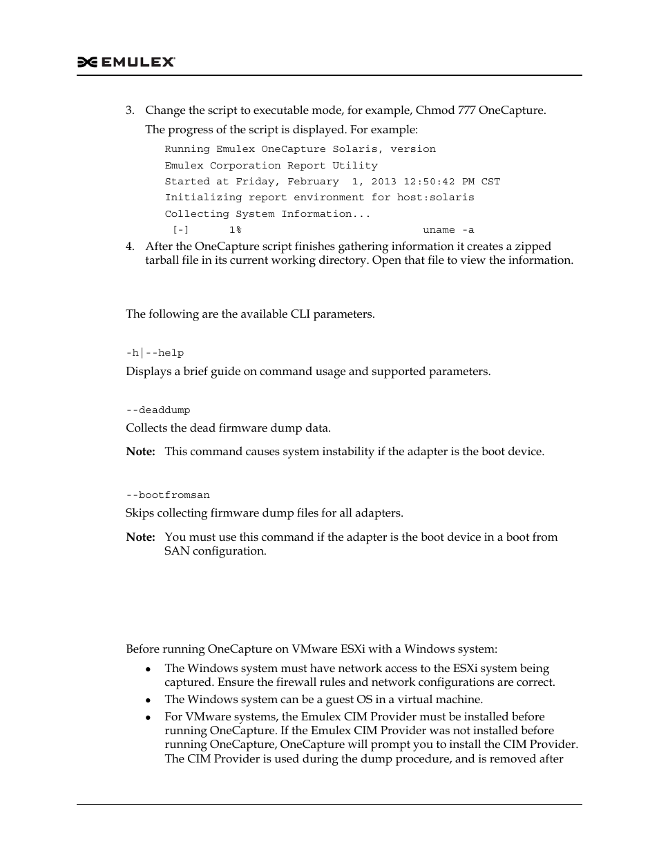Command line interface parameters, Running onecapture on vmware esxi, Onecapture for vmware esxi with a windows system | Dell Emulex Family of Adapters User Manual | Page 525 / 1815