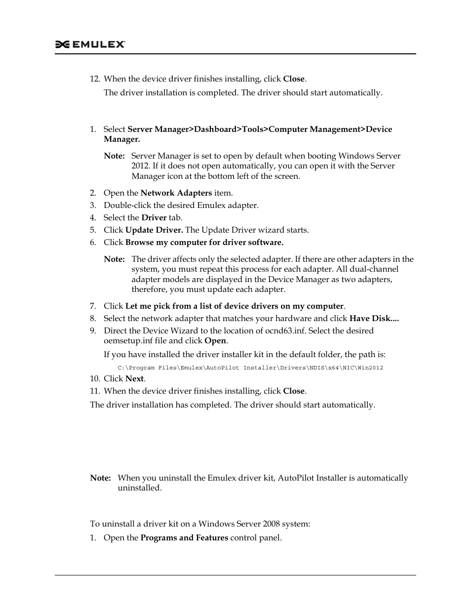 Windows server 2012, Removing emulex driver kits and drivers, Uninstalling emulex driver kits | Windows server 2008 | Dell Emulex Family of Adapters User Manual | Page 575 / 1815
