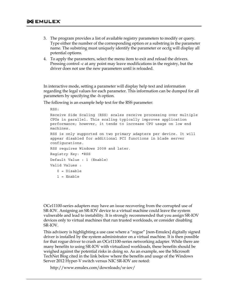 Parameter help, Using sr-iov with emulex devices, Advisory | Dell Emulex Family of Adapters User Manual | Page 620 / 1815