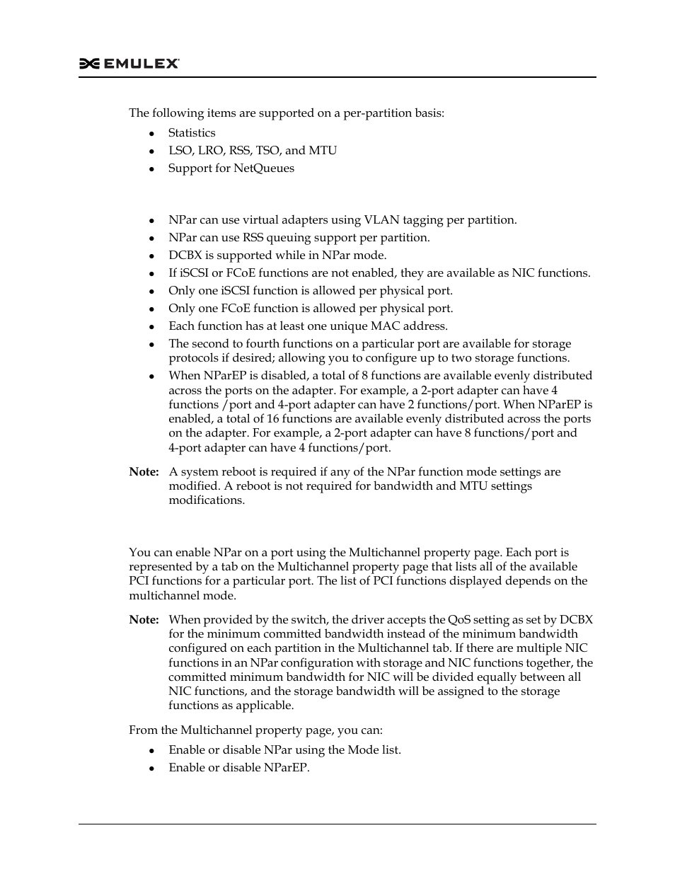 Npar considerations, Enabling npar using the multichannel property page | Dell Emulex Family of Adapters User Manual | Page 645 / 1815