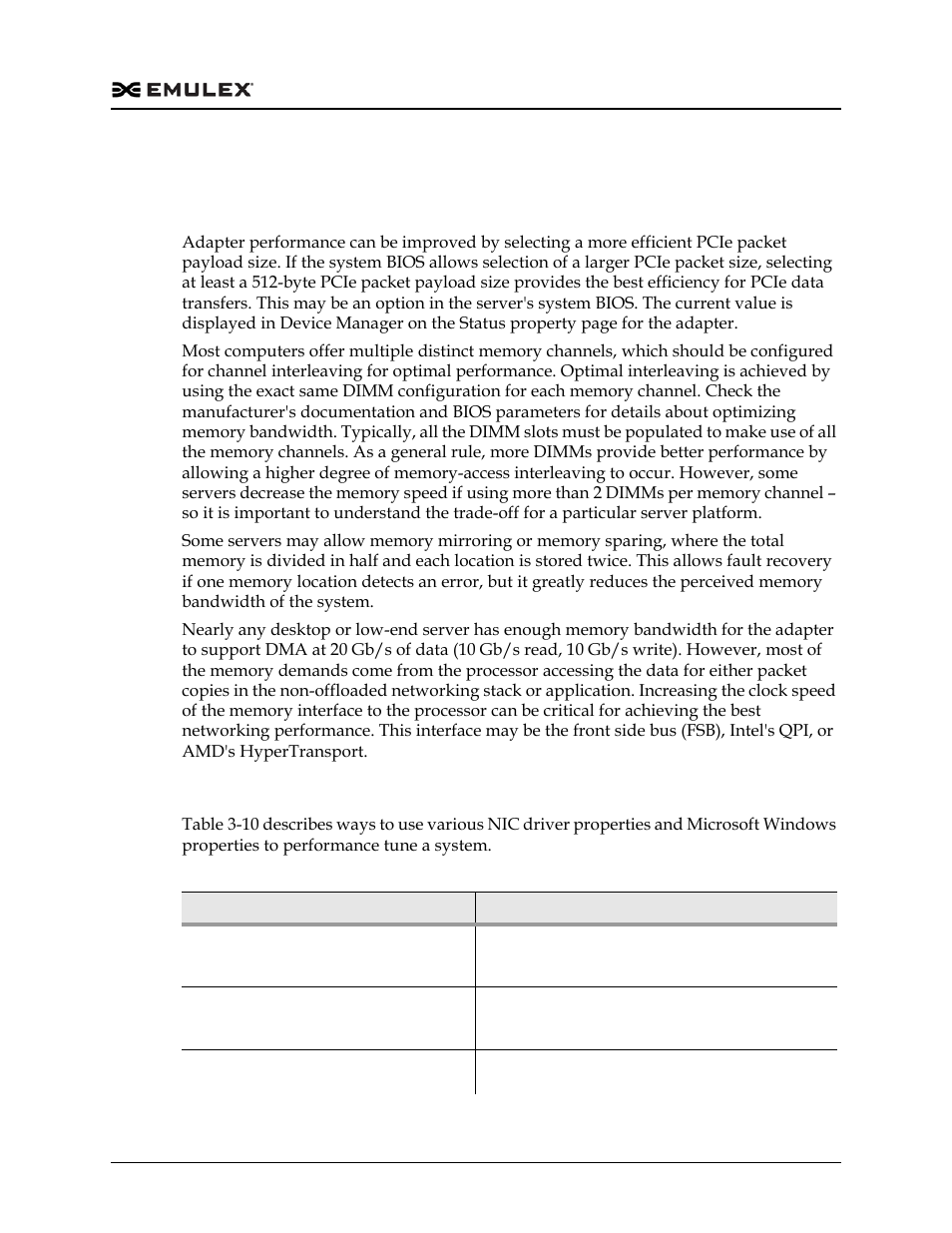 Network driver performance tuning, Optimizing server hardware and bios configuration, Windows server network driver | Table 3-10, Network driver performance | Dell Emulex Family of Adapters User Manual | Page 652 / 1815