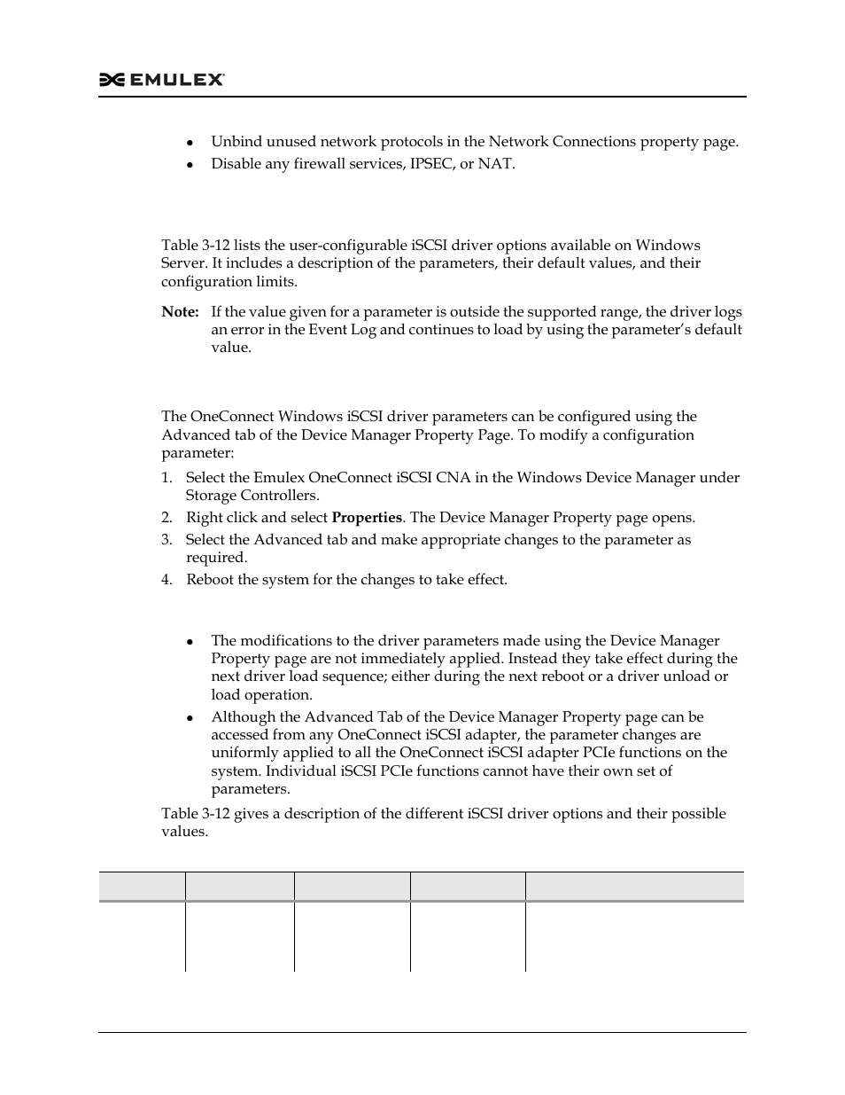 Iscsi driver configuration, Configuring iscsi driver options, Table 3-12 | Dell Emulex Family of Adapters User Manual | Page 662 / 1815
