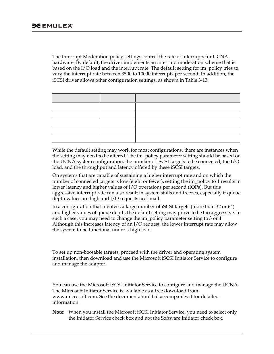 Interrupt moderation policy settings, Creating non-bootable targets, Using the microsoft iscsi initiator service | Table 3-13 | Dell Emulex Family of Adapters User Manual | Page 664 / 1815
