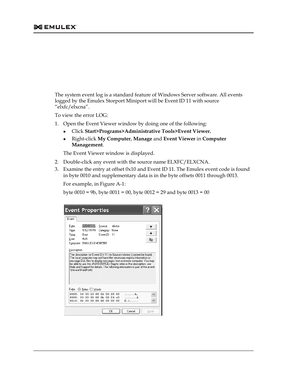 Appendix a. error and event log information, Fc/fcoe error and event logs, Viewing the fc/fcoe error log | Figure a-1 | Dell Emulex Family of Adapters User Manual | Page 693 / 1815