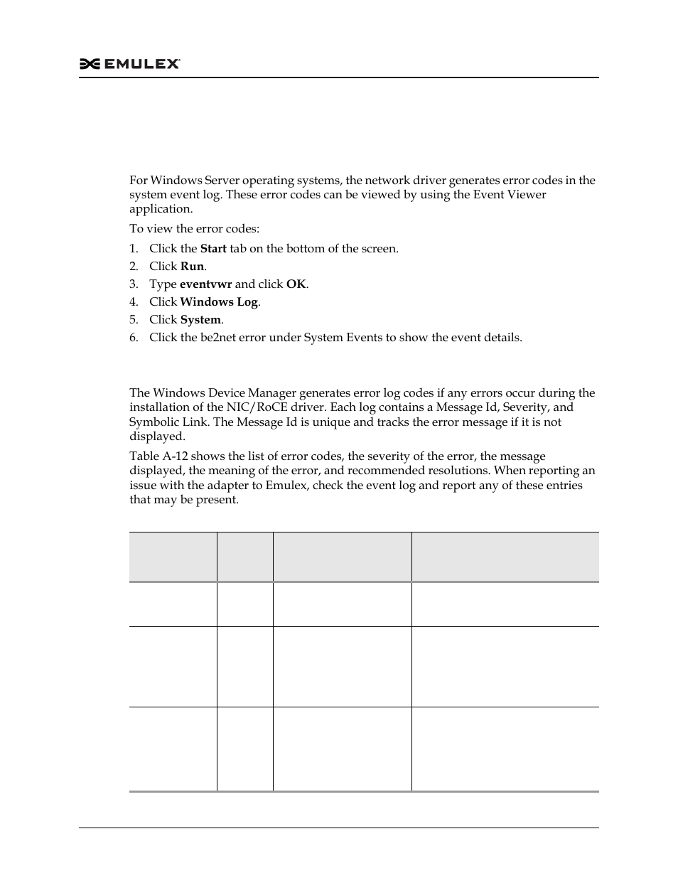 Nic error and event logs, Viewing the nic error log, Roce event log | Table a-12 | Dell Emulex Family of Adapters User Manual | Page 704 / 1815
