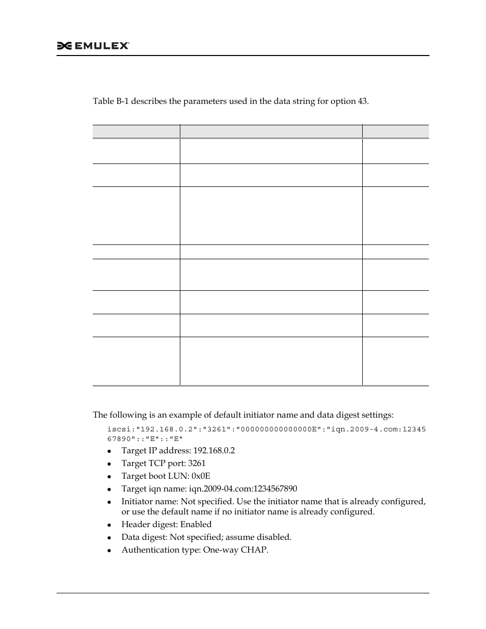Description of mandatory and optional parameters, Table b-1, Examples | Dell Emulex Family of Adapters User Manual | Page 723 / 1815