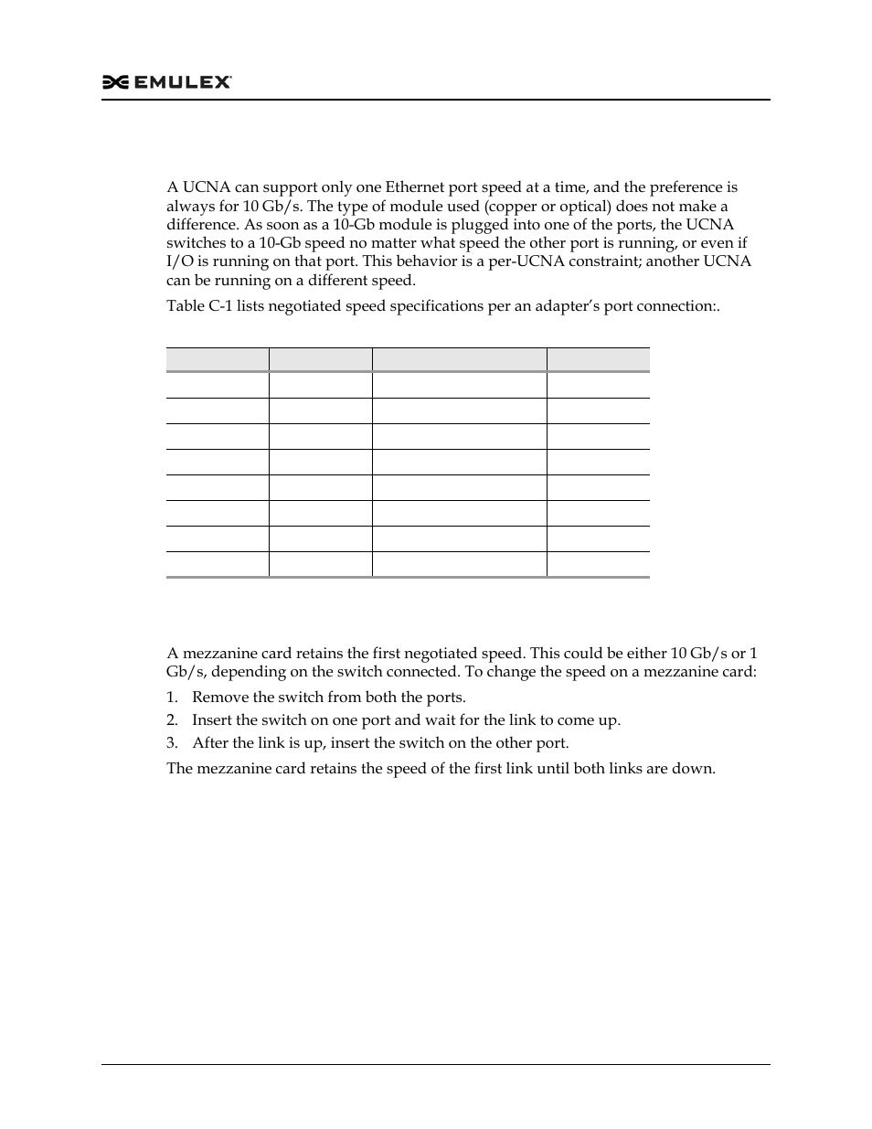 Appendix c. port speed specifications, Negotiating speed on a mezzanine card, Table c-1 | Dell Emulex Family of Adapters User Manual | Page 725 / 1815